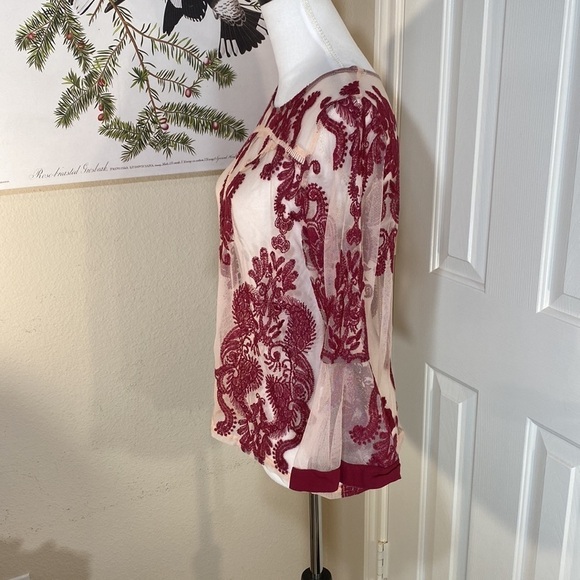 Minkpink Embroidered Sheer Mesh Top Pink Tulle Burgundy Trim Bell Sleeves Size S - Picture 7 of 14